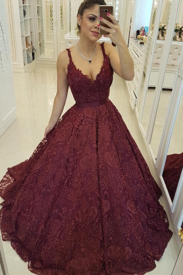 Deep V-neck Burgundy Lace Sexy Evening Dresses | Sleeveless Puffy Ball Gown Cheap Prom Dresses_2