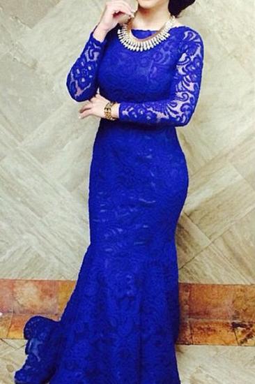Blackless Royal Blue Lace Long Prom Dresses with Fishtail Long Sleeves Sexy Evening Dresses_1