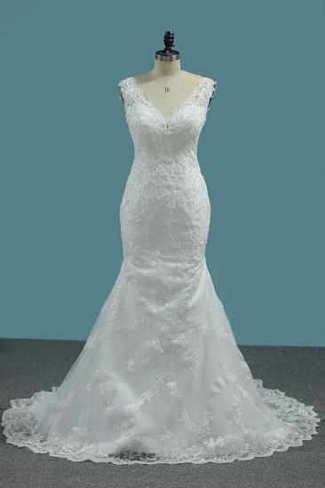 Bradyonlinewholesale Elegant Mermaid V-neck Tulle Wedding Dress White Lace Appliques Beadings Bridal Gowns Online_1