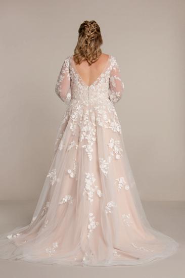 Long Sleeve V Neck A-Line Lace Appliquéd Plus Size Wedding Dress_2