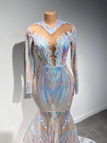 Sparkle sequined white mermaid long sleeves prom dress_5