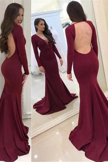 Sexy Burgundy Long Sleeves Evening Dresses Backless Mermaid V-Neck Prom Dresses_3