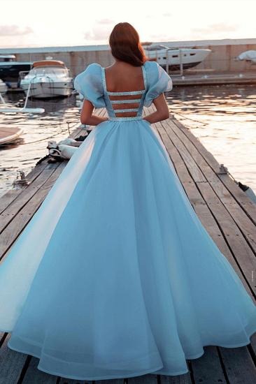 Sky Blue Princess Mermaid Evening Gowns with Sweep Train Short Sleeve Party Gowns_2