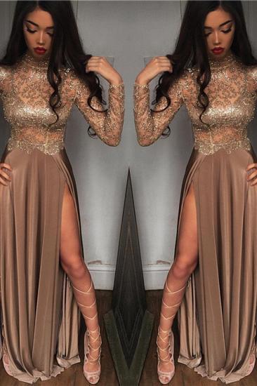 High Neck Champagne Gold Sexy Evening Dress Splits Long Sleeve Illusion Prom Dress_2