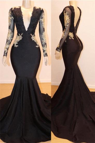V-neck Gold Lace Open Back Prom Dresses Cheap | Mermaid Long Sleeve Sexy Black Graduation Dress