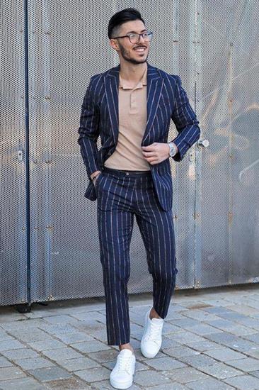 Dorian Dark Nay Striped Point Collar Handsome Mens Suit_1