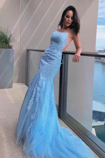 Spaghetti Straps Sky Blue Lace Tull Mermaid Party Gown Prom Wear Dress_2