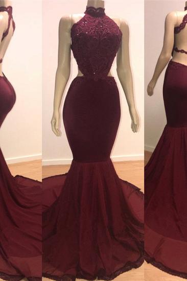 Mermaid Open Back Sexy Burgundy Prom Dresses Cheap | High Neck Lace Evening Gowns_2