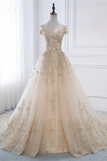 Bradyonlinewholesale Gorgeous V-Neck Sleeveless Tulle Wedding Dress Champagne Appliques Bridal Gowns Online