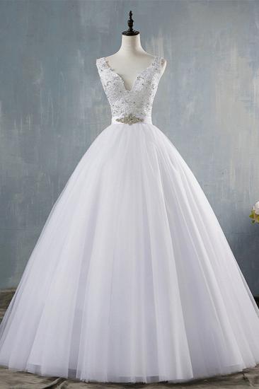 Bradyonlinewholesale Chic Starps V-Neck Beadings Tulle Wedding Dress Sleeveless Appliques Bridal Gowns with Rhinestones