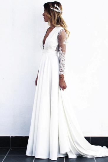 2022 Elegant Deep V-Neck Long Sleeve White Lace Appliques Wedding Dress_1