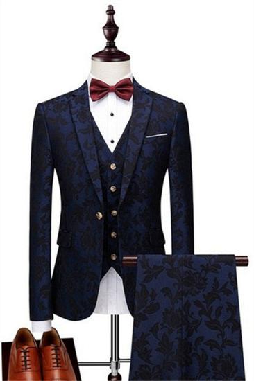 Navy Blue Jacquard Prom Men Suit |  High Quality Classic Tuxedo Three Piece