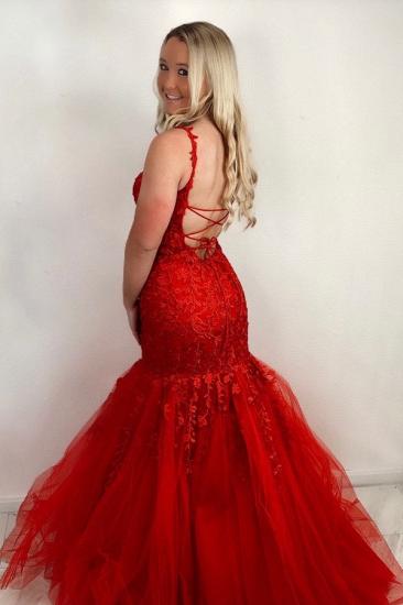Stunning Sleeveless Red Floral Lace Tulle Mermaid Prom Dress_2