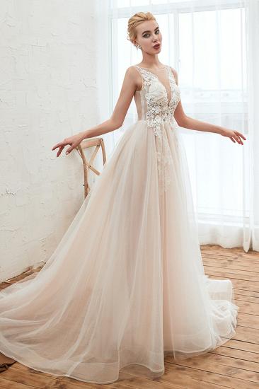 Illsuion neck Champange Wedding Dress with Chapel Train | Sleeveless Summer Bridal Gowns Online_8