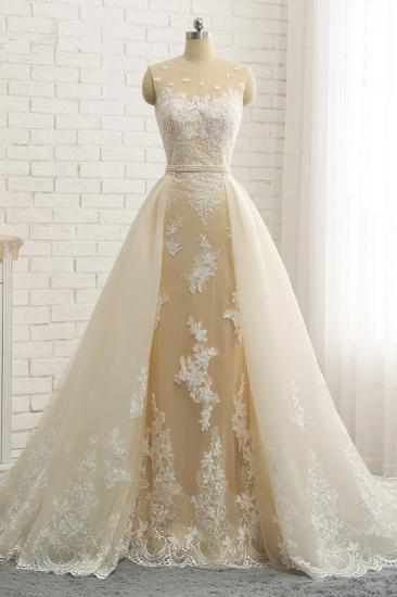 Bradyonlinewholesale Glamorous Jewel Tulle Champagne Wedding Dress Appliques Sleeveless Overskirt Bridal Gowns with Beading Sash Online_1