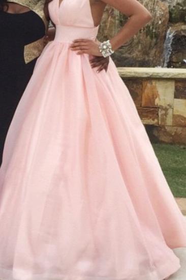 Pink Deep V-Neck Charming Evening Dresses Floor Length Stunning Prom Dresses_3