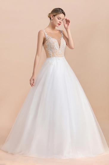 Gorgeous Illusion neck Buttons Sleeveless White Ball Gown Wedding Dress_4