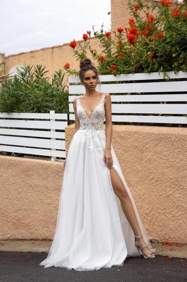 Lace Sleeveless V-Neck Backless Floral A-Line Wedding Dress | Tulle Bridal Dresses