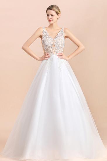 Elegant V-Neck Floral Lace A-line Wedding Dress Beach Sleeveless Tulle Church Dress_5