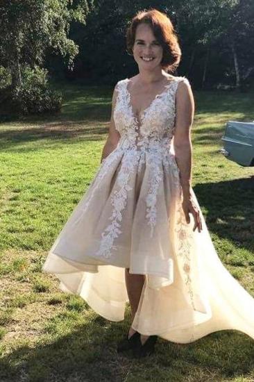 V-Neck Hi-Lo Lace Appliques Evening Prom Dress A-line Tulle Straps Elegant_3