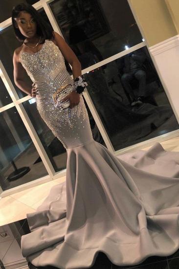 Silver Grey Mermaid Prom Dresses with Beads Crystals | Sexy Strapless Sleeveless Cheap Formal Evening Gowns_2