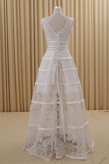 Lovely Sheer Lace V-neck White Evening Dresses Lace-Up Charming Prom Gowns_3