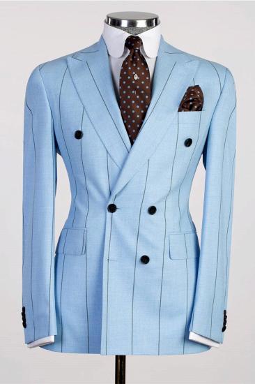 Fashion Blue Striped Slim Point Collar Two-Piece Men's Suit_1