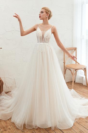 Chic Spaghetti Straps V-Neck Ivory Tulle Wedding Dress with Appliques_7