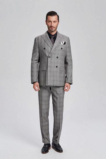 Vintage Peak Lapel Double Breasted Plaid Grey Mens Business Suit