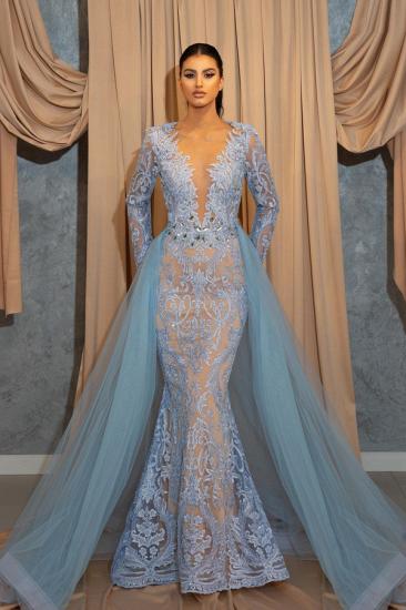 Luxurious Long Blue V-Neck Long Sleeve Lace Evening Dress | Homecoming Dresses Lace With Sleeves_2
