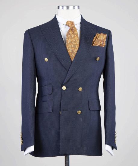 New Arrival Navy Peaked Lapel Double Breasted Busibess Men Suits_3