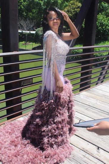 Sparkly Sleeveless Mermaid Prom Dress Glitter Feather Sweep Train_1