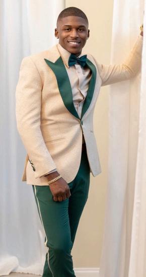 Gavin Stylish Off White Jacquard Two Pieces Prom Suits With Green Peaked Lapel