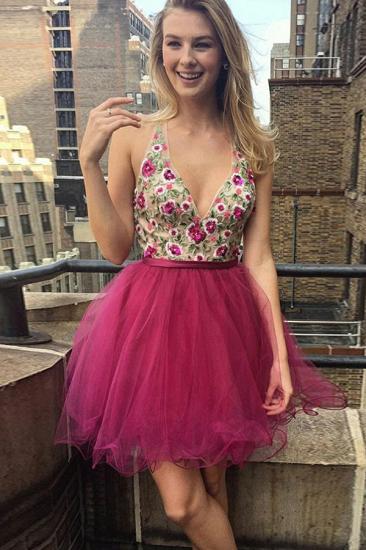 2022 Glamorous Short V-Neck Homecoming Dresses | Sleeveless Open Back Flowers Hoco Dress_3