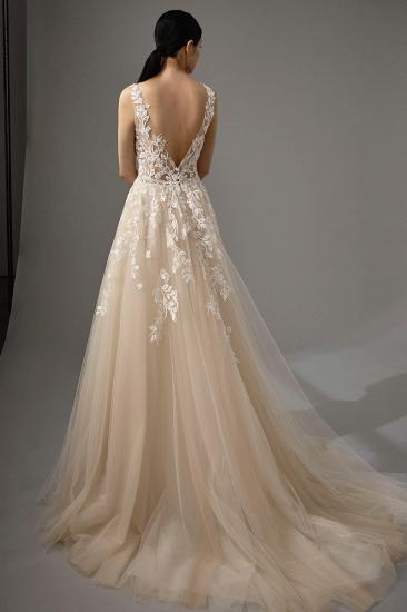 Beautiful A line V neck Tulle Sleeveless Wedding dress with lace_4