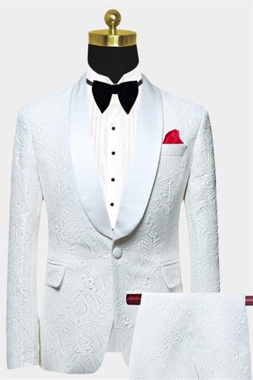 White Jacquard Wedding Mens Suit |  Elegant Two Piece Shawl Lapel Groom Suit