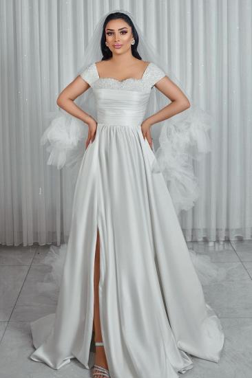 Simple Wedding Dress Satin Wedding Dresses A Line with Pearls_3