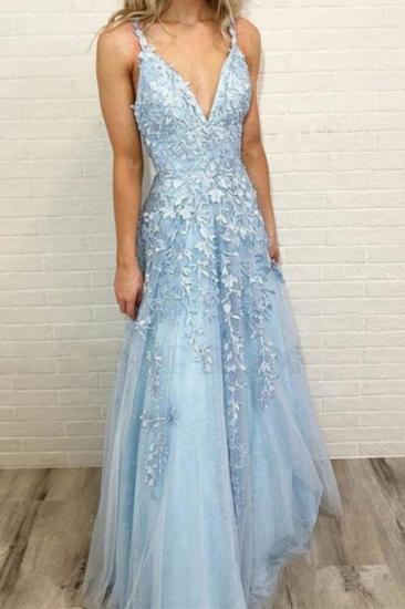 Sky Blue Lace Prom Dresses Deep V Neck A Line Long Party Elegant Floor Length Women Evening Gowns_1