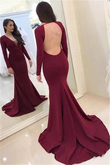 Sexy Burgundy Long Sleeves Evening Dresses Backless Mermaid V-Neck Prom Dresses_2