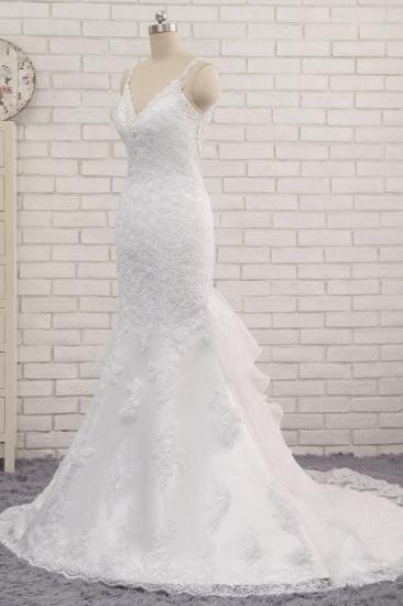 Bradyonlinewholesale Elegant V-neck White Mermaid Wedding Dresses Sleeveless Lace Bridal Gowns With Appliques On Sale_3