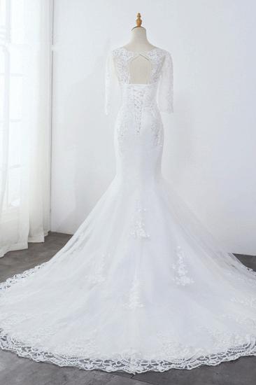 Bradyonlinewholesale Elegant Jewel 3/4 Sleeves Mermaid White Wedding Dress Tulle Lace Appliques Beadings Bridal Gowns On Sale_2