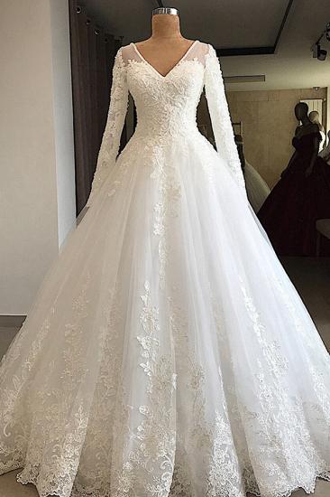 Gorgeous V-neck Long Sleeve Lace Wedding Dress | Bradyonlinewholesale White Princess Bridal Gowns Online_1