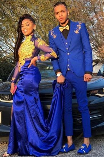 Fashion Royal Blue Three Piece Applique Prom Men Suit Online_2