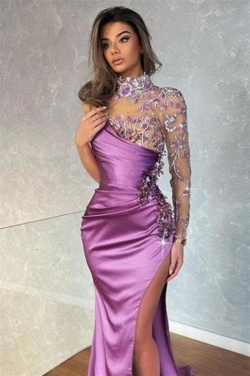 High neck lavender long sleeves mermaid prom dress with sexy split_1