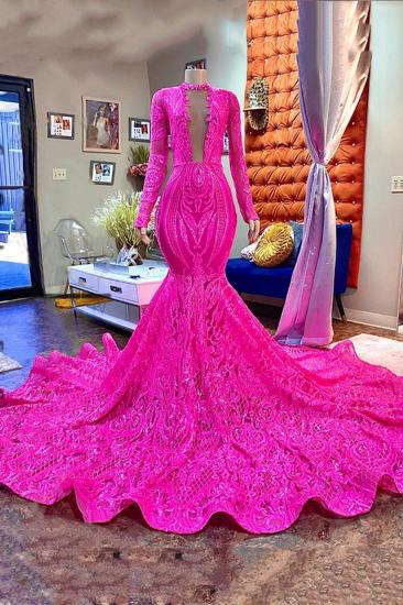 Long sleeves Fuchsia Mermaid sparkle long prom dress_1