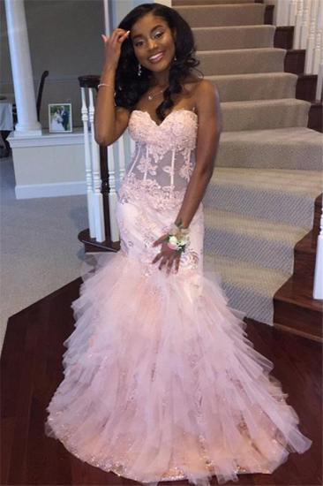Baby Pink Lace Sweetheart Prom Dress | Mermaid Puffy Tulle Sexy Evening Gown