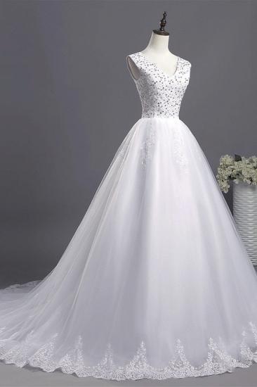 Bradyonlinewholesale Glamorous V-Neck Sequins White Tulle Wedding Dress Sleevels Lace Appliques Bridal Gowns On Sale_5