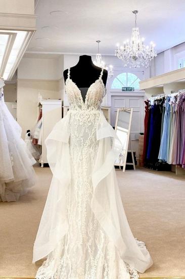 V-Neck Strap Slim Floral Tulle Floor Length Wedding Bridal Dress_1