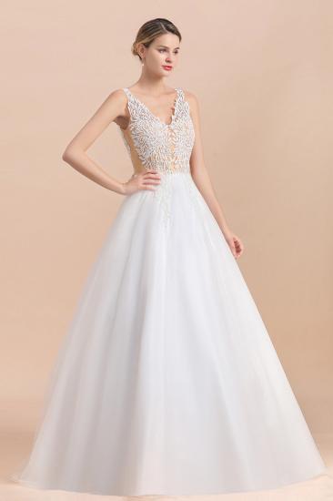 Elegant V-Neck Floral Lace A-line Wedding Dress Beach Sleeveless Tulle Church Dress_6