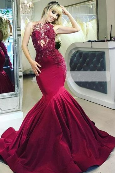 2022 Burgundy Sleeveless Mermaid Prom Dresses | Cheap Lace Beads Evening Dress_3
